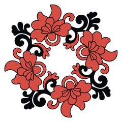 Radial Floral Mandala – Red Flowers with Black Ornamental Swirls and Leaves