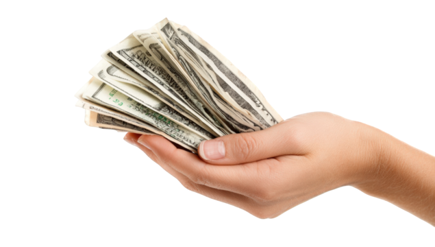 A hand holding a fan of US currency