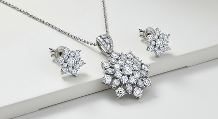 Close-up view of a diamond pendant necklace and matching diamond earrings