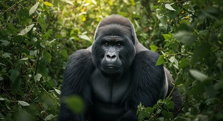 Obraz premium Majestic Silverback Gorilla in Lush Green Jungle Habitat.