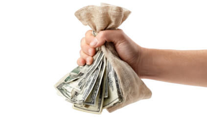 Hand holding a burlap sack filled with money