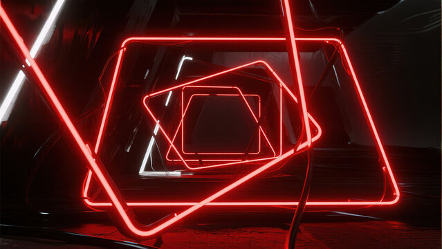 Neon light tunnel with geometric shapes