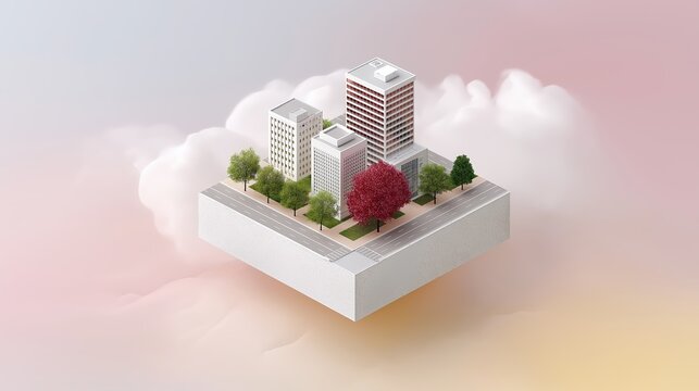 Isometric 3d model of a city block floating in the clouds. Modern architectural visualization with buildings and trees. Urban development and real estate concept