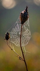 Close-up view of a delicate spiderweb covered with dew, attached to a dry plant