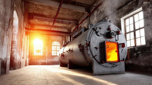 Industrial boiler room with burning furnace and sunlight.
