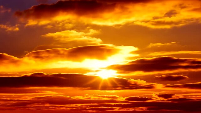 Fiery orange and yellow clouds at sunset, backlit with sun rays