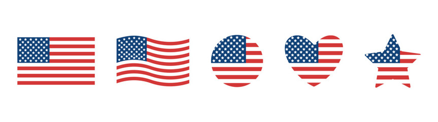 USA Flag Icons Set — American Patriotic Symbols, Stars and Stripes Badge, Banner and Emblem Collection, Independence Day Design, Vector Illustration