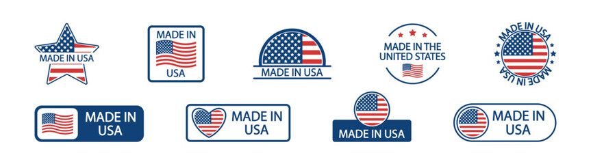 Made in USA Label Badge – American Flag Quality Certified Emblem, Product Stamp Icon Vector