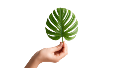A hand holds a vibrant tropical leaf