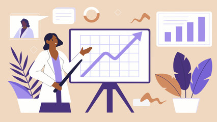 Woman presenting a growing graph on a whiteboard during a virtual meeting