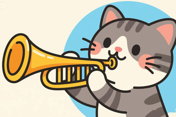 Cartoon gray and white cat playing a yellow trumpet with cheerful expression. Fun and whimsical illustration, perfect for kids, music themes, pets, and creative design projects.