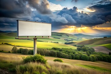 Billboard Mockup Overlooking Rolling Hills Green Fields at Sunset Advertising Space for Brand Promotion