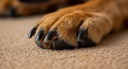 Close-up view of a dog's paw with visible claws resting on a soft, textured carpet