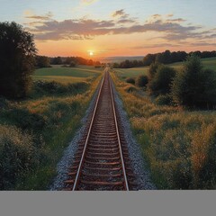 Obraz premium Sunset over railroad tracks stretching through green fields and trees with a partly cloudy sky and warm, peaceful atmosphere