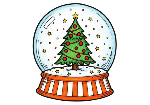 Hand-drawn christmas tree snow globe with festive falling stars - Powered by Adobe