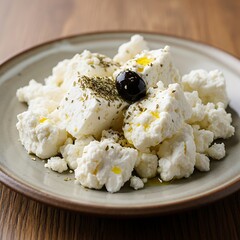 Delicious Feta Cheese with Olive and Herbs on a Plate.