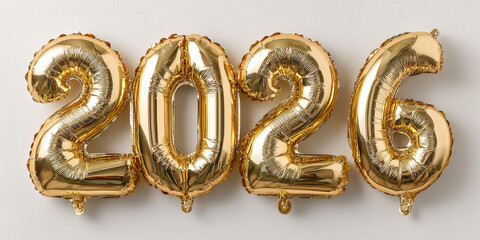 Golden foil balloons displaying '2026' on a white background, symbolizing new beginnings, celebrations, and future events. Perfect for New Year's, anniversaries, or upcoming promotions.