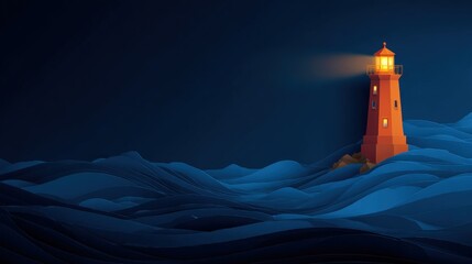 Lighthouse on Ocean Waves Shining Light in the Dark Night