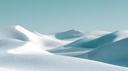 Rolling expanse of bright white sand dunes stretches toward a pale sky