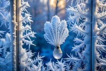 Frozen Crystal Feather Winter Ice Pattern Cold Seasonal Decoration Frost Snowflake Glass Window Natural Abstract Beauty Nature Ornament
