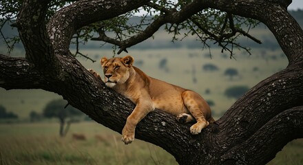 Lioness Resting Comfortably on a Large Tree Branch in African Savannah.