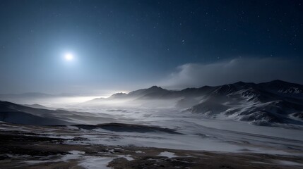 Obraz premium Moonlit winter mountains under a starry night sky with ethereal mist and snow covered terrain