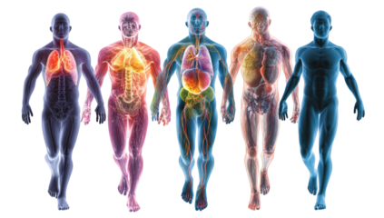 Five figures, seemingly anatomical, in various stages of transparency, walking