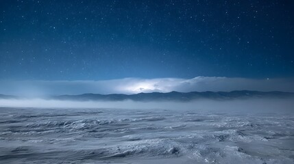 Dramatic winter night landscape with a frozen expanse distant lightning over mountains and a starlit sky