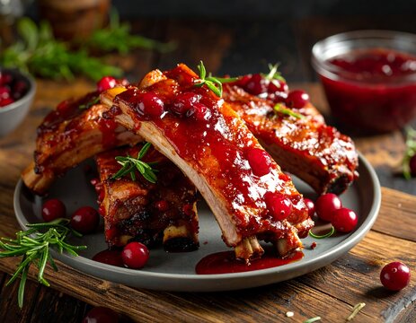 Close-up shot of slow-cooked pork ribs, covered in a cranberry sauce, on a gray plate