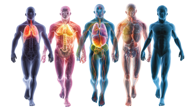 Five figures, seemingly anatomical, in various stages of transparency, walking