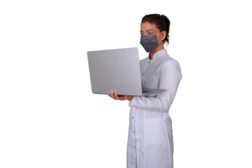 Doctor woman in lab coat and face mask using a laptop, practicing telemedicine, healthcare technology on transparent background