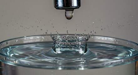 Close-up view of a faucet dripping water into a glass, creating a splash