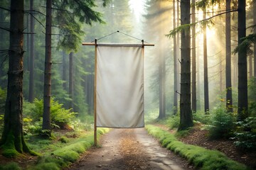 Blank White Banner Mockup Hanging on Wood Pole Forest Path Sunlight Trees Leaves Nature Scenery Outdoor Advertisement Sign Promotion