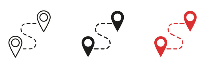 Location Pin Pathway Solid Icon Set. Navigation, Route Planning, And Gps Tracking Outline And Silhouette Symbol Collection. Travel And Directional Guidance. Isolated Vector Illustration