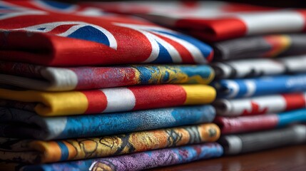 Stack of folded textile banners featuring various national and colorful patterns rests on a smooth surface