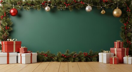 Festive Christmas background with green chalkboard, decorated with fir branches, ornaments, and gift boxes on a wooden floor.