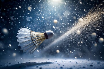 Frozen Badminton Shuttlecock Suspended in Mid-Air Amidst a Blizzard of Snowflakes Winter Sport Season Cold Weather Activity