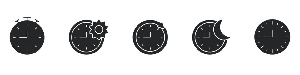 Clock And Time Management Solid Icon Set. Day And Night Cycle, Stopwatch, And Time Tracking Silhouette Symbol Collection. Timekeeping And Scheduling Concepts. Isolated Vector Illustration