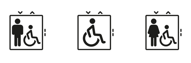 Elevator Accessibility Solid Icon Set. Inclusive Design, Wheelchair Access and Universal Mobility Silhouette Symbol Collection. Public Facility Accessibility. Isolated Vector Illustration © Toxa2x2