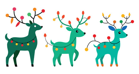 Three cartoon reindeer decorated with colorful Christmas lights holiday