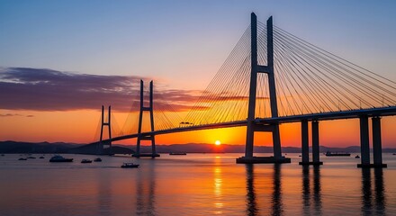 Fototapeta premium Stunning Sunset Over a Modern Cable-Stayed Bridge Reflected in Calm Water.