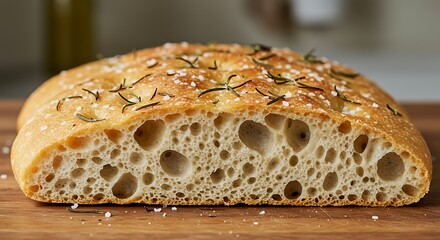 Close-up view of a freshly baked, crusty flatbread with visible rosemary and salt on wooden surface