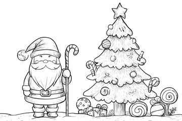 Simple black and white Christmas coloring page featuring Santa Claus, gifts, tree, and snowflakes, perfect for children&rsquo;s holiday art.