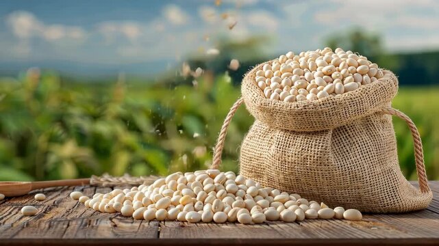 Burlap sack filled with white beans sits on a rustic table, surrounded by scattered seeds and a beautiful farm backdrop