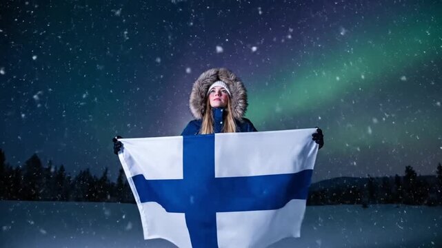 A woman in a winter parka holds the Finnish flag proudly beneath a snowy, dark sky illuminated by the vibrant green and blue hues of the Aurora Borealis in a majestic Nordic landscape.