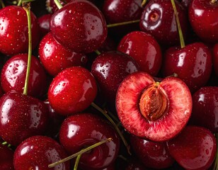 Closeup of Red Cherries with One Cut Open