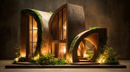 Modern architectural dwelling features curved forms integrated with lush organic greenery and warm illumination