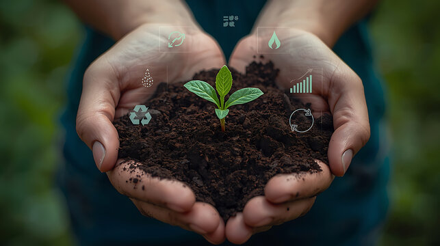 Green technology and ecological growth with digital icons over a young plant in soil, concept for ESG metrics. - Powered by Adobe