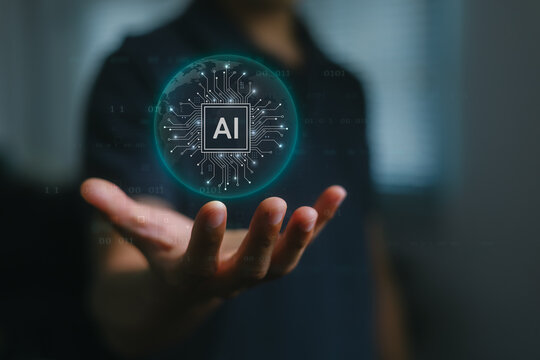 Artificial Intelligence Technology — Human Hand Holding Digital AI Brain Globe, Machine Learning, Neural Network, Futuristic Data Innovation Concept