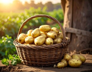 Close-up view of a full basket of potatoes, on a wood surface, with a sunny, blurred field